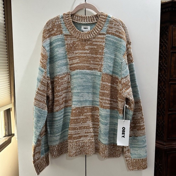 OBEY Dominic Sweater Catechu Wood Multicolor Knit Mens Size Large NWT - Picture 1 of 5
